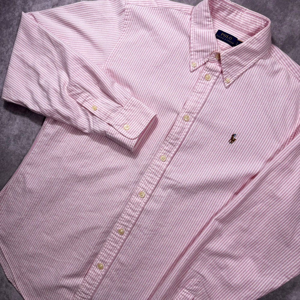 Polo Ralph Lauren Mens Large Pink White Striped Oxford Button Down Shirt L